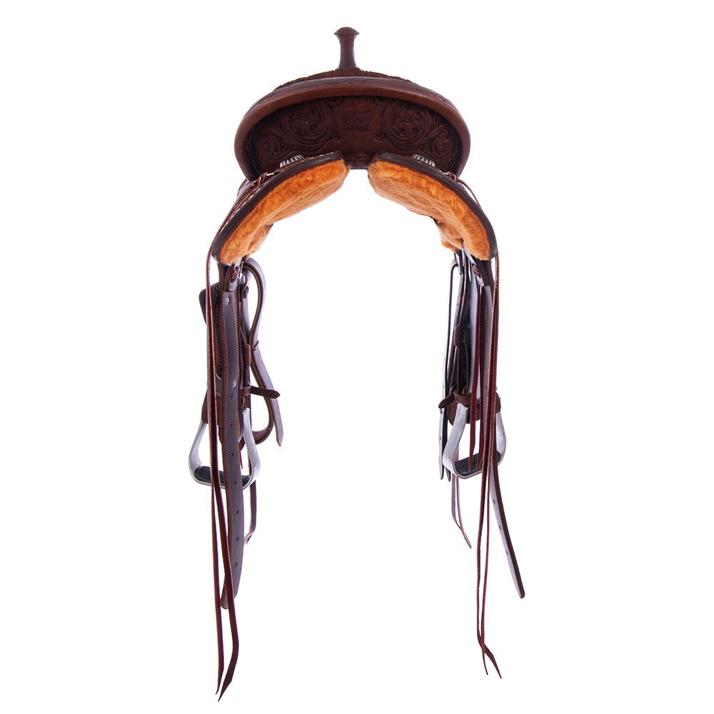 Chocolate Roughout Barrel Saddle- Round Skirts, 1/2 D Daisy; White Buckstitch Skirts- Cheyenne- Black Caiman Inlay