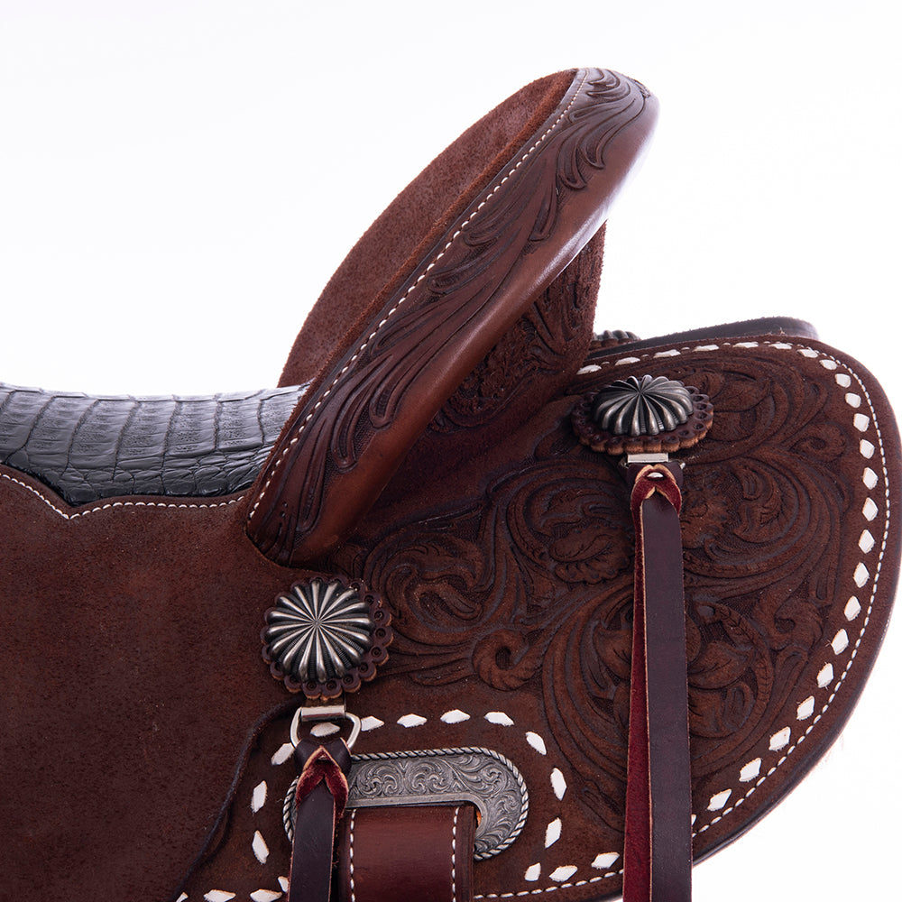 Chocolate Roughout Barrel Saddle- Round Skirts, 1/2 D Daisy; White Buckstitch Skirts- Cheyenne- Black Caiman Inlay