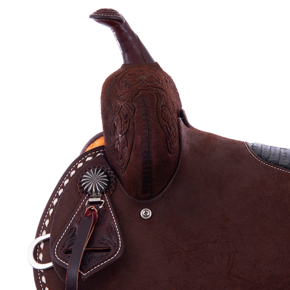 Chocolate Roughout Barrel Saddle- Round Skirts, 1/2 D Daisy; White Buckstitch Skirts- Cheyenne- Black Caiman Inlay