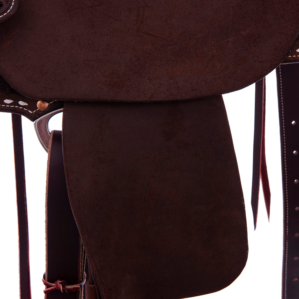 Chocolate Roughout Barrel Saddle- Round Skirts, 1/2 D Daisy; White Buckstitch Skirts- Cheyenne- Black Caiman Inlay