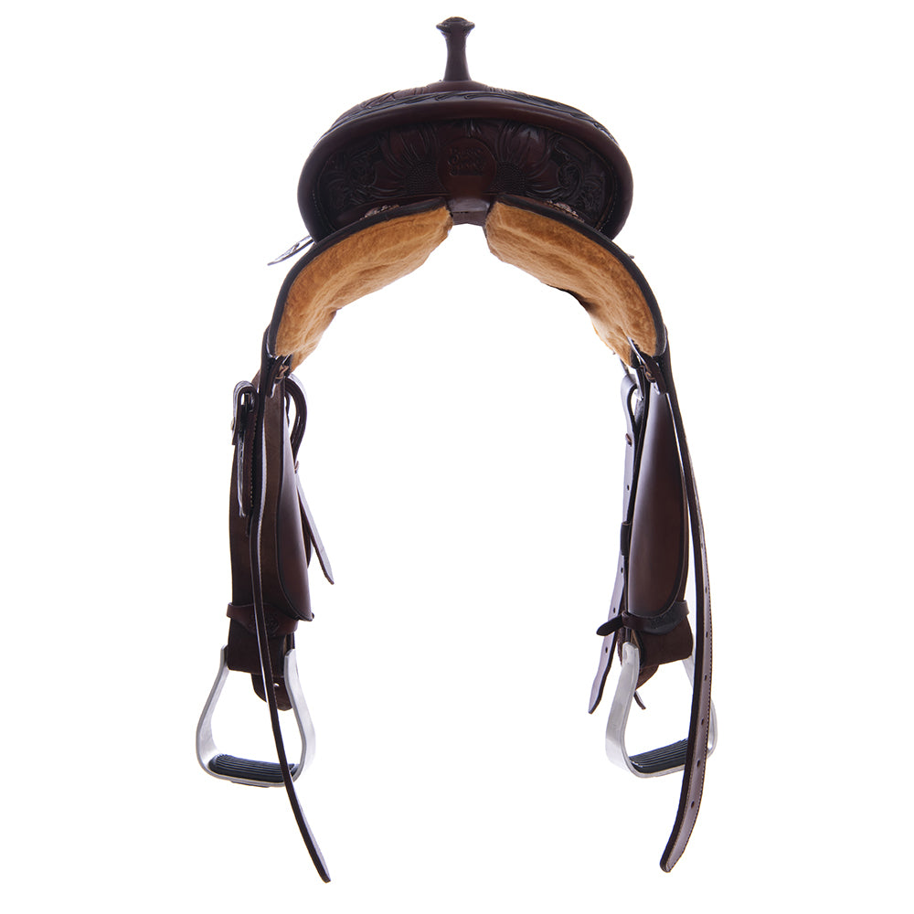 Barrel Saddle – Chocolate Smoothout/Roughout, Round Skirt, Half Sunny Daze Floral Corner Tooling