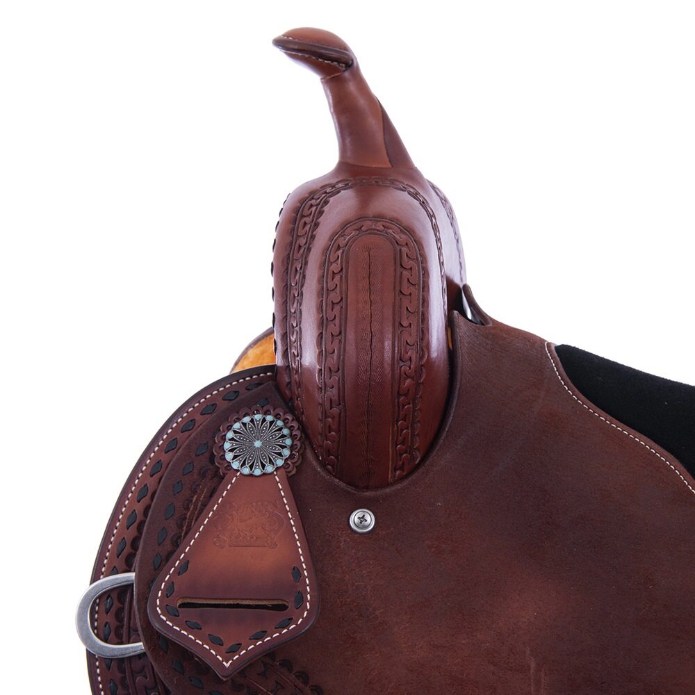 Barrel Saddle – Chestnut Smoothout/Roughout, Round Skirt, San Carlos Border, Black Suede Inlay