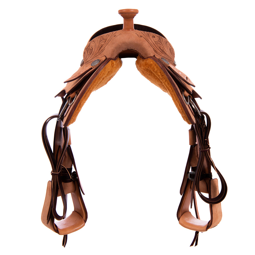 Burns Russet RO Team Roper - 1/4 WYO Floral Tooled -  Full Chocolate Padded Seat