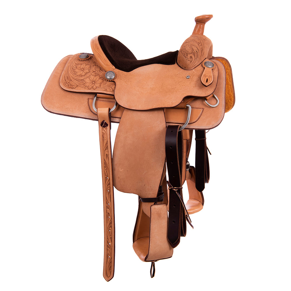 Burns Russet RO Team Roper - 1/4 WYO Floral Tooled -  Full Chocolate Padded Seat