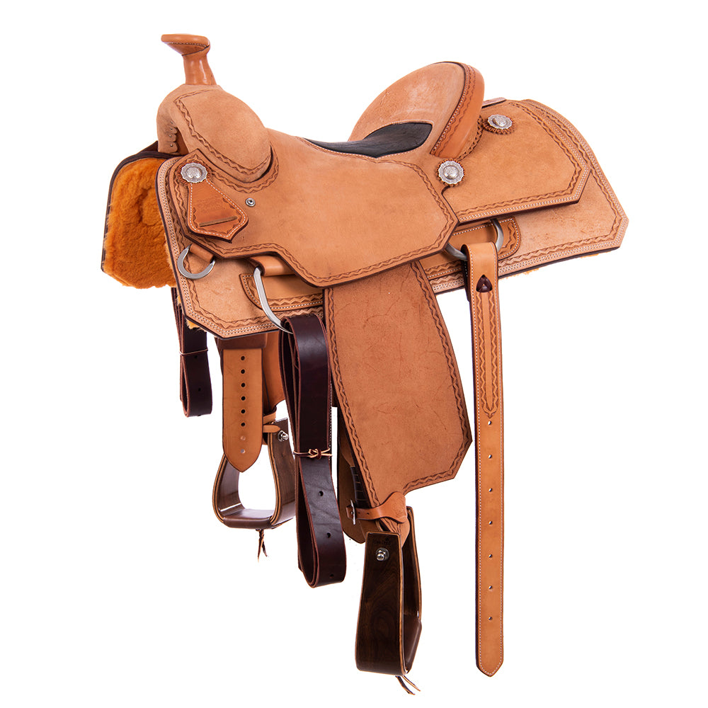 Burns Russet RO Team Roper Saddle - Notched - Aztec Border - Black Bison Inlay