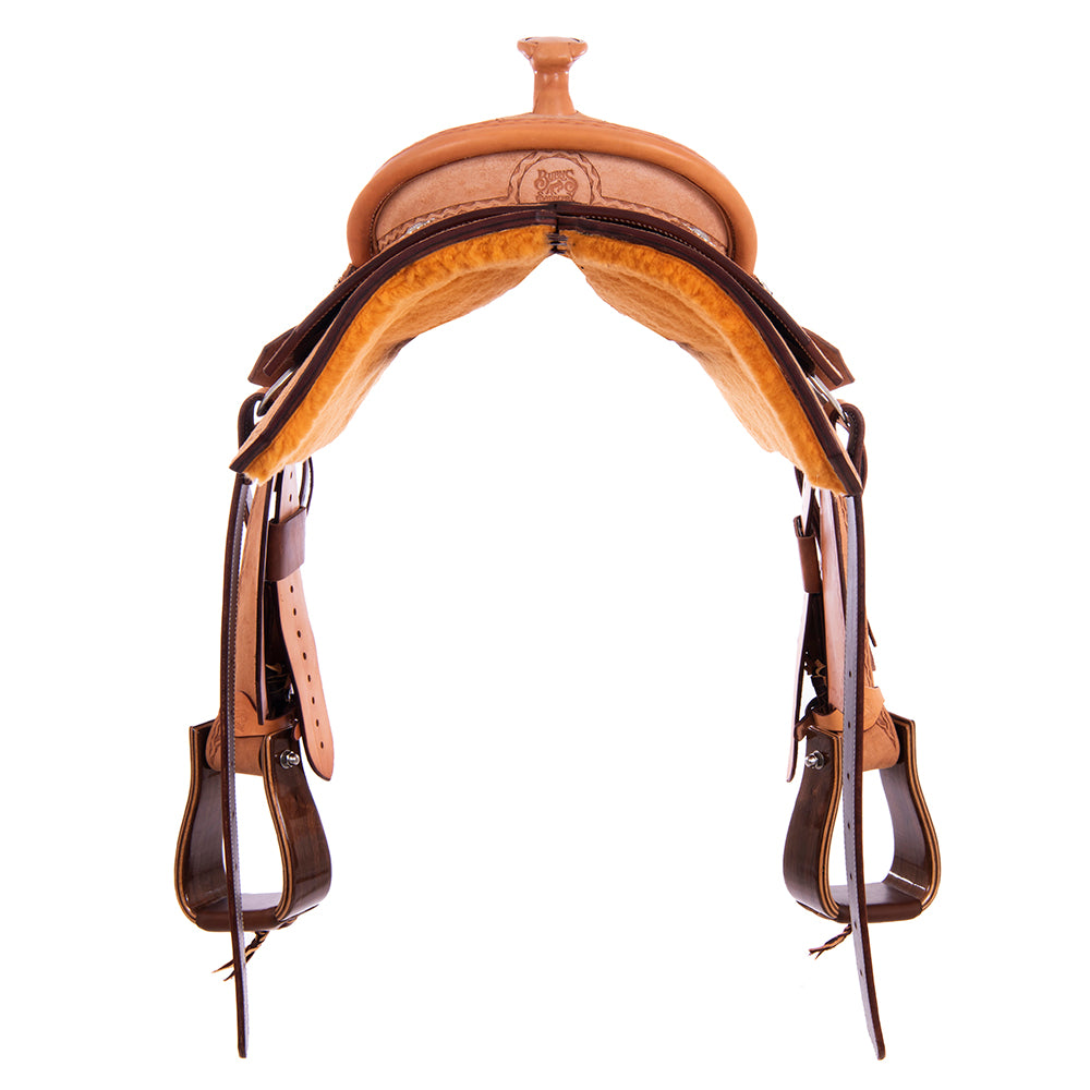 Burns Russet RO Team Roper Saddle - Notched - Aztec Border - Black Bison Inlay