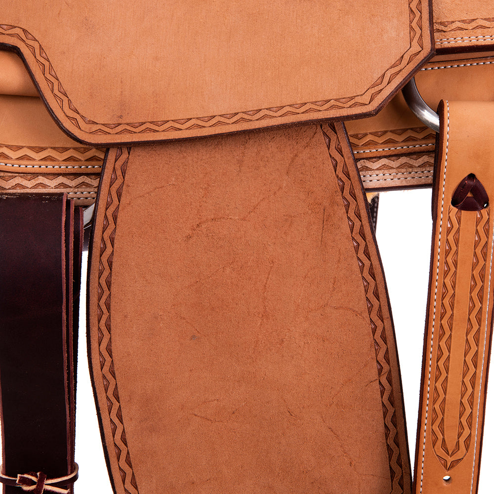 Burns Russet RO Team Roper Saddle - Notched - Aztec Border - Black Bison Inlay