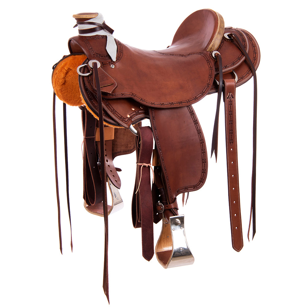 Chocolate SO Ranch Saddle- Kidney Bean- Full Barbwire Border- Cheyenne Rawhide- Hard Seat