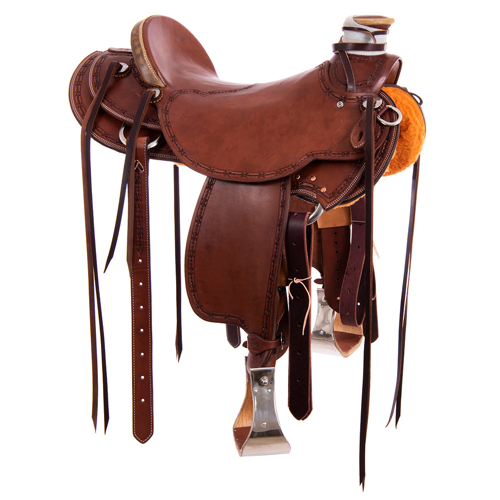 Chocolate SO Ranch Saddle- Kidney Bean- Full Barbwire Border- Cheyenne Rawhide- Hard Seat