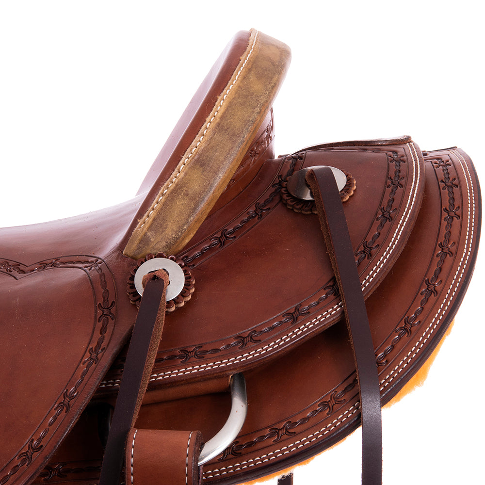 Chocolate SO Ranch Saddle- Kidney Bean- Full Barbwire Border- Cheyenne Rawhide- Hard Seat