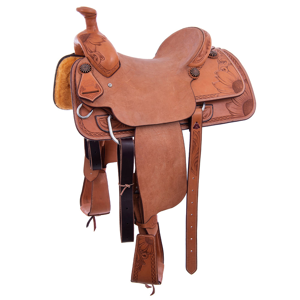 Team Roping Saddle - Russet Leather, Smooth/Roughout, 1/2 Sunny Daze Tooling with DHD Border