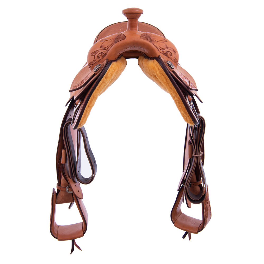 Team Roping Saddle - Russet Leather, Smooth/Roughout, 1/2 Sunny Daze Tooling with DHD Border