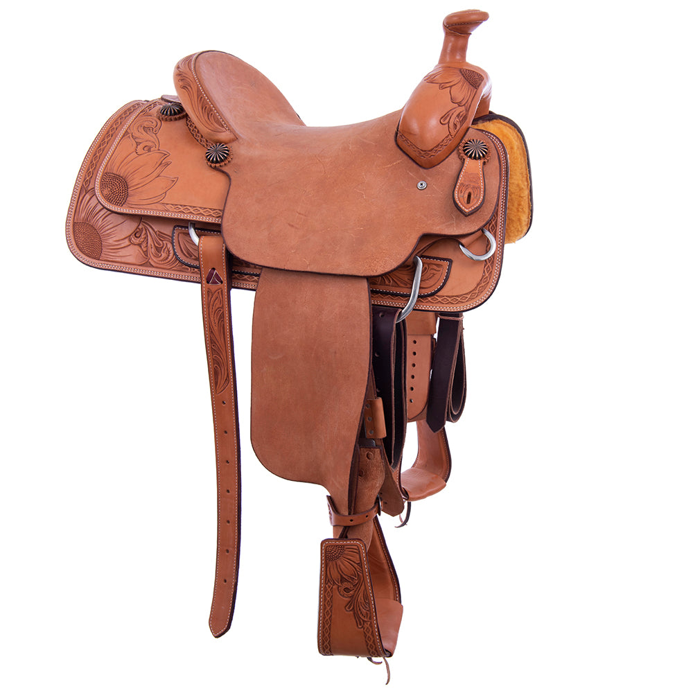 Team Roping Saddle - Russet Leather, Smooth/Roughout, 1/2 Sunny Daze Tooling with DHD Border