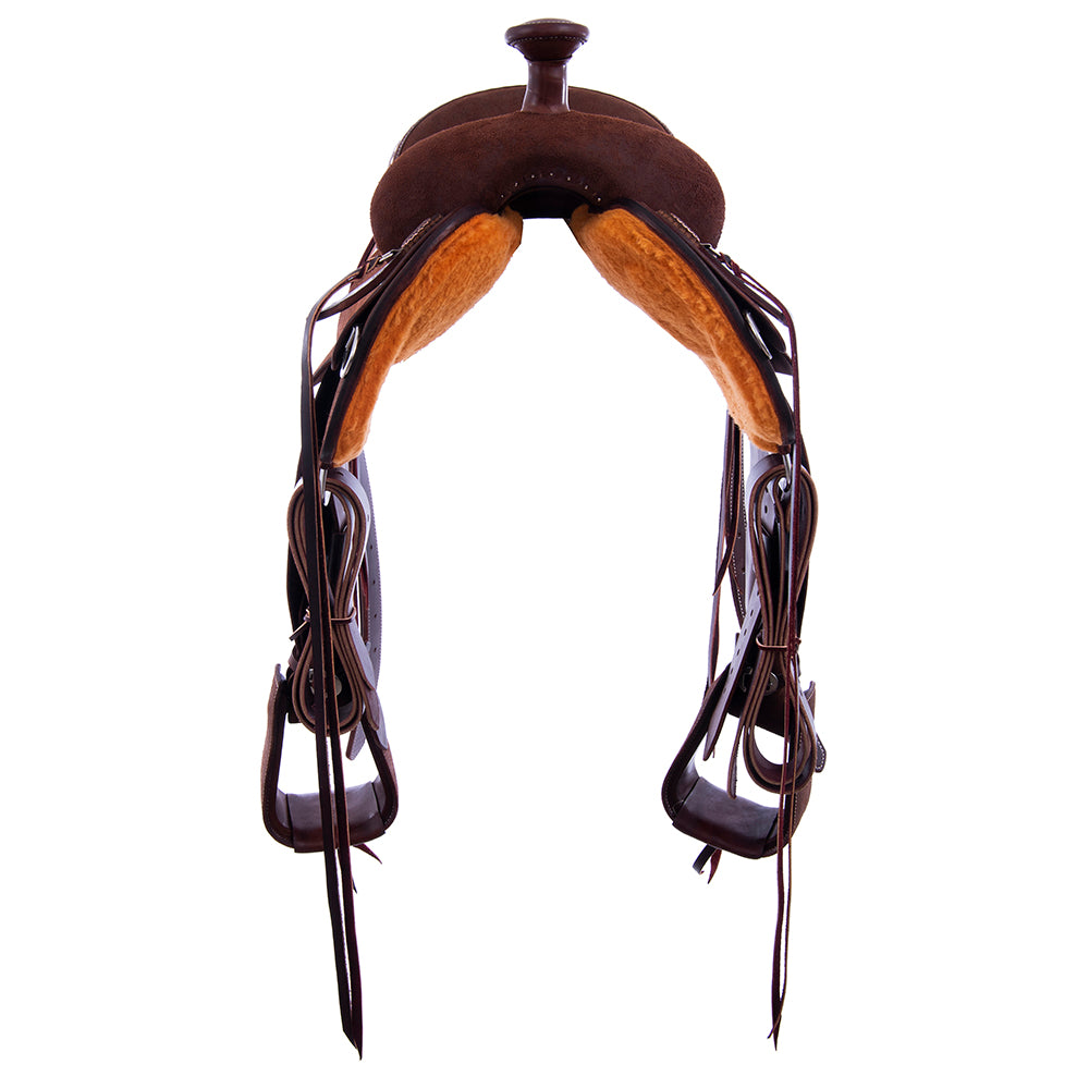 Chocolate Roughout Rope Saddle- White Buckstitch, Cheyenne, Caiman Inlay