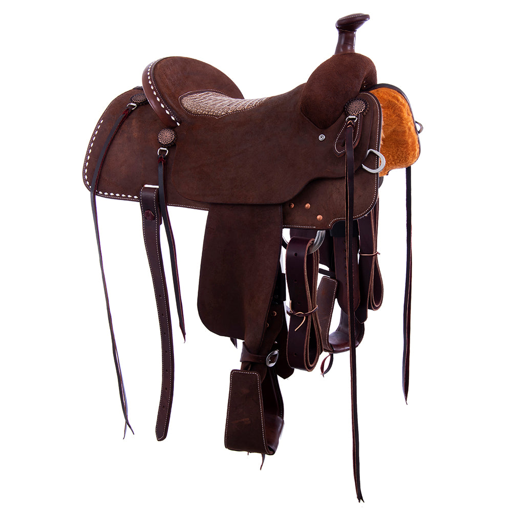 Chocolate Roughout Rope Saddle- White Buckstitch, Cheyenne, Caiman Inlay