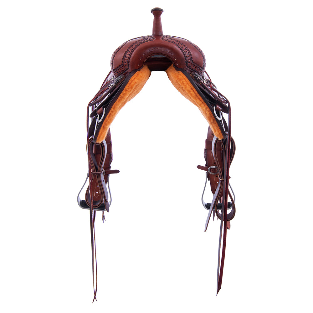 Chestnut Smooth Ranch Cutter Saddle- Kidney Bean Skirts, Deluxe Snake Border, Black Bison Full Pad