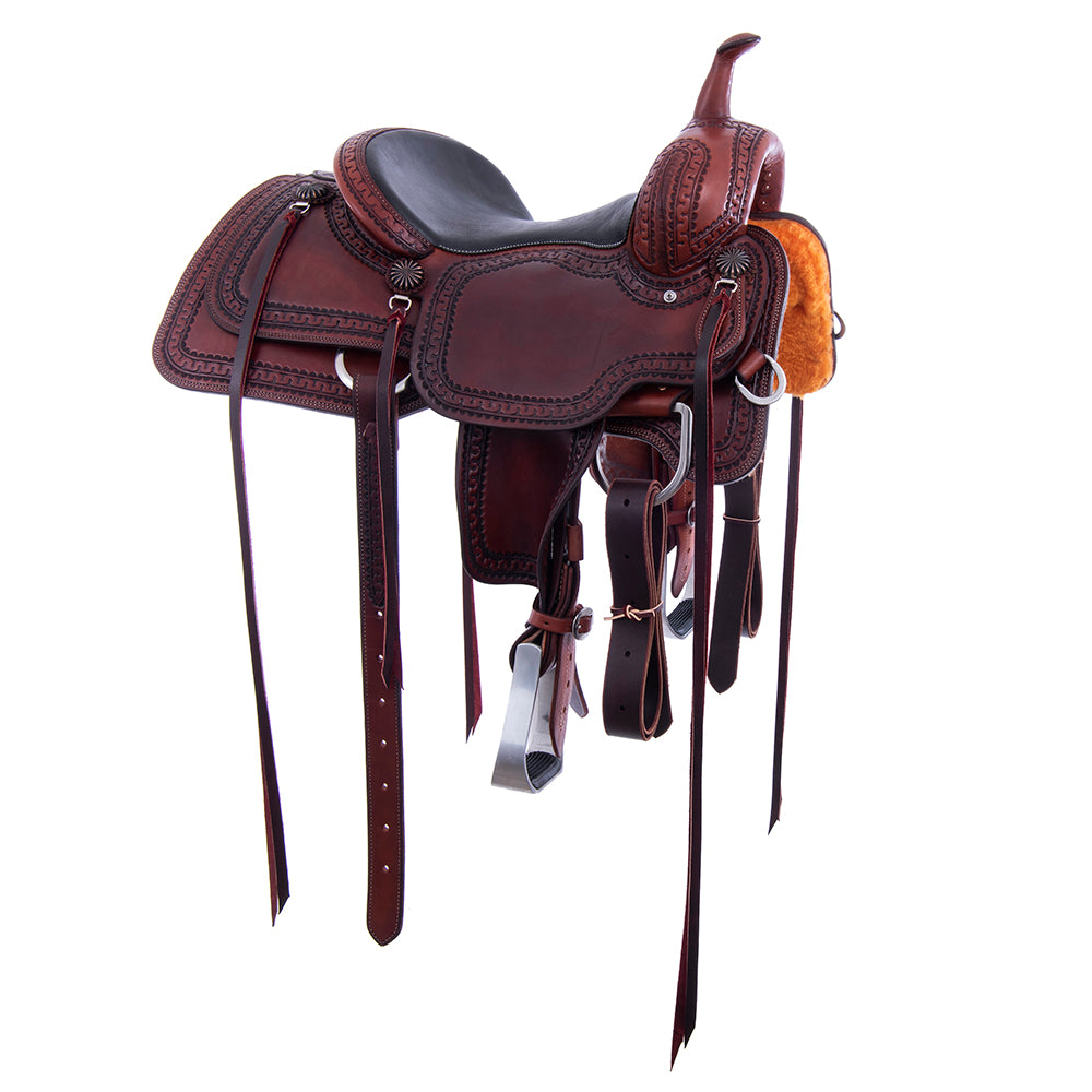 Chestnut Smooth Ranch Cutter Saddle- Kidney Bean Skirts, Deluxe Snake Border, Black Bison Full Pad