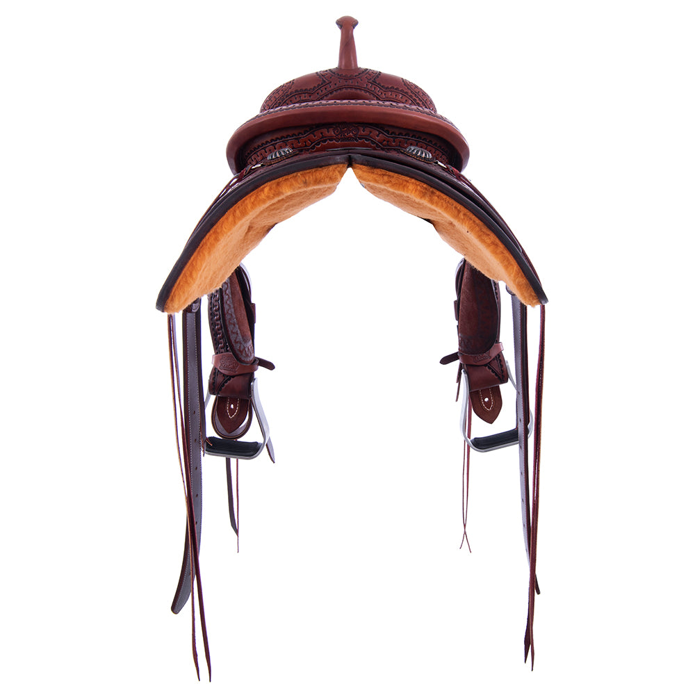 Chestnut Smooth Ranch Cutter Saddle- Kidney Bean Skirts, Deluxe Snake Border, Black Bison Full Pad