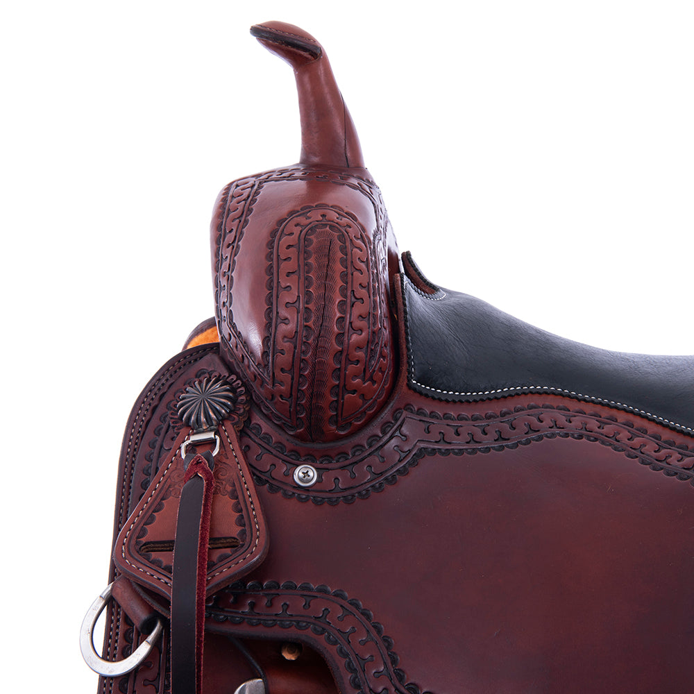 Chestnut Smooth Ranch Cutter Saddle- Kidney Bean Skirts, Deluxe Snake Border, Black Bison Full Pad