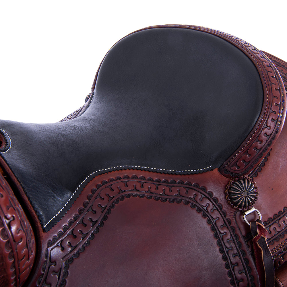 Chestnut Smooth Ranch Cutter Saddle- Kidney Bean Skirts, Deluxe Snake Border, Black Bison Full Pad
