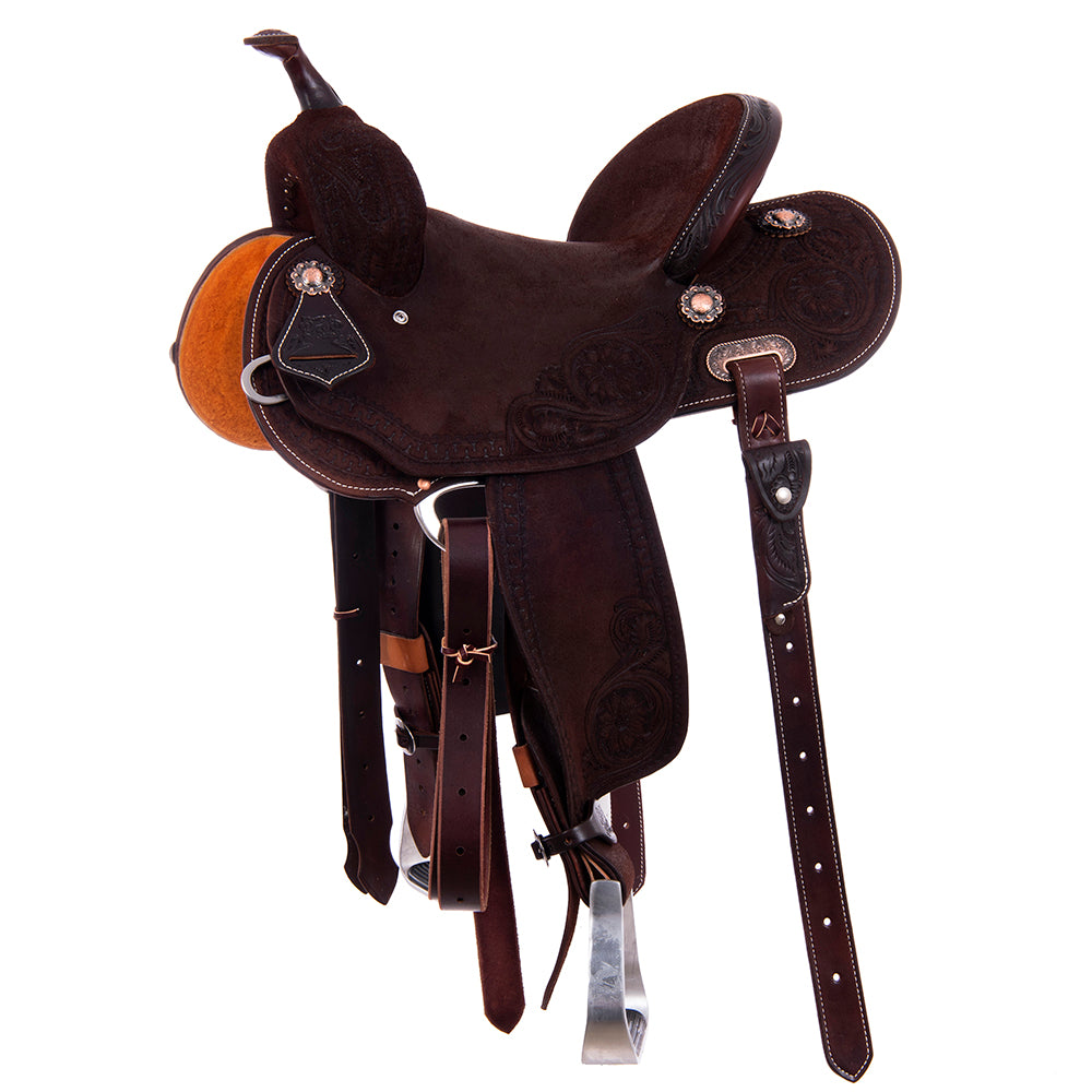 Chocolate Roughout Barrel Saddle- Round Skirts, Deluxe Snake Border Sunny D Corners, Cheyenne