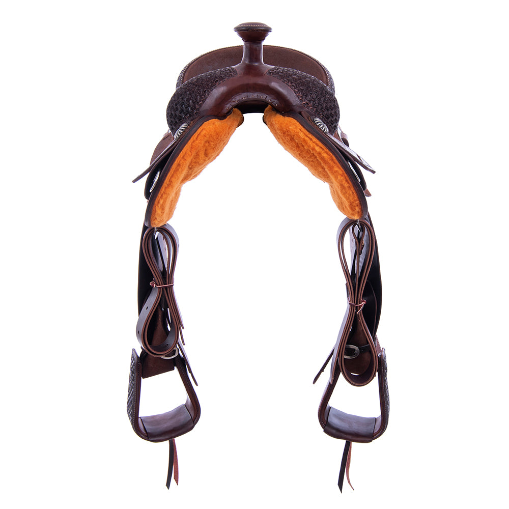 1/8 Smooth Chocolate 7/8 Roughout Lightweight Versatility Saddle- Notched Skirts, 1/8 Axe Tooling, Cheyenne Roll, Hard Seat
