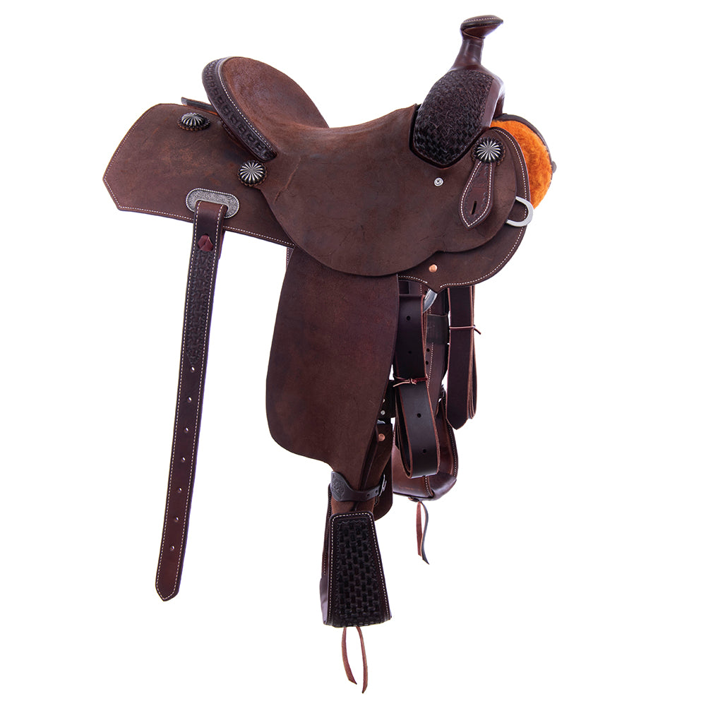 1/8 Smooth Chocolate 7/8 Roughout Lightweight Versatility Saddle- Notched Skirts, 1/8 Axe Tooling, Cheyenne Roll, Hard Seat