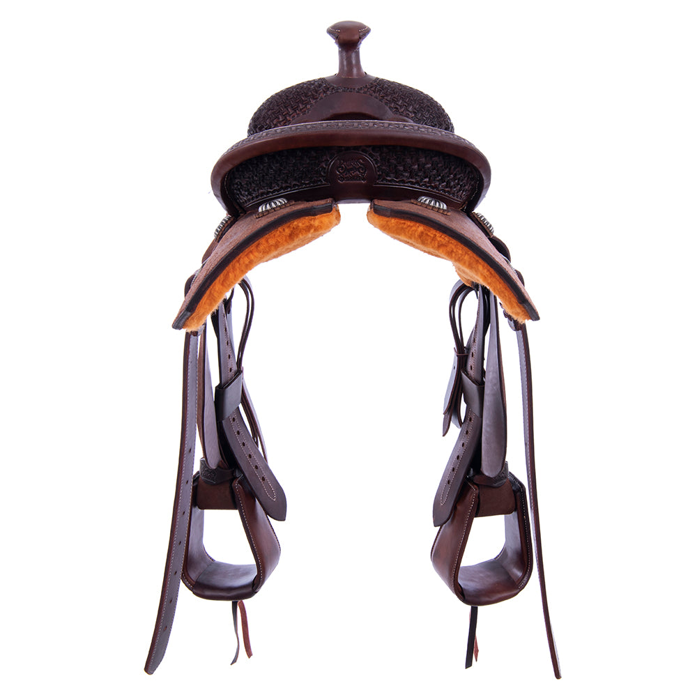 1/8 Smooth Chocolate 7/8 Roughout Lightweight Versatility Saddle- Notched Skirts, 1/8 Axe Tooling, Cheyenne Roll, Hard Seat