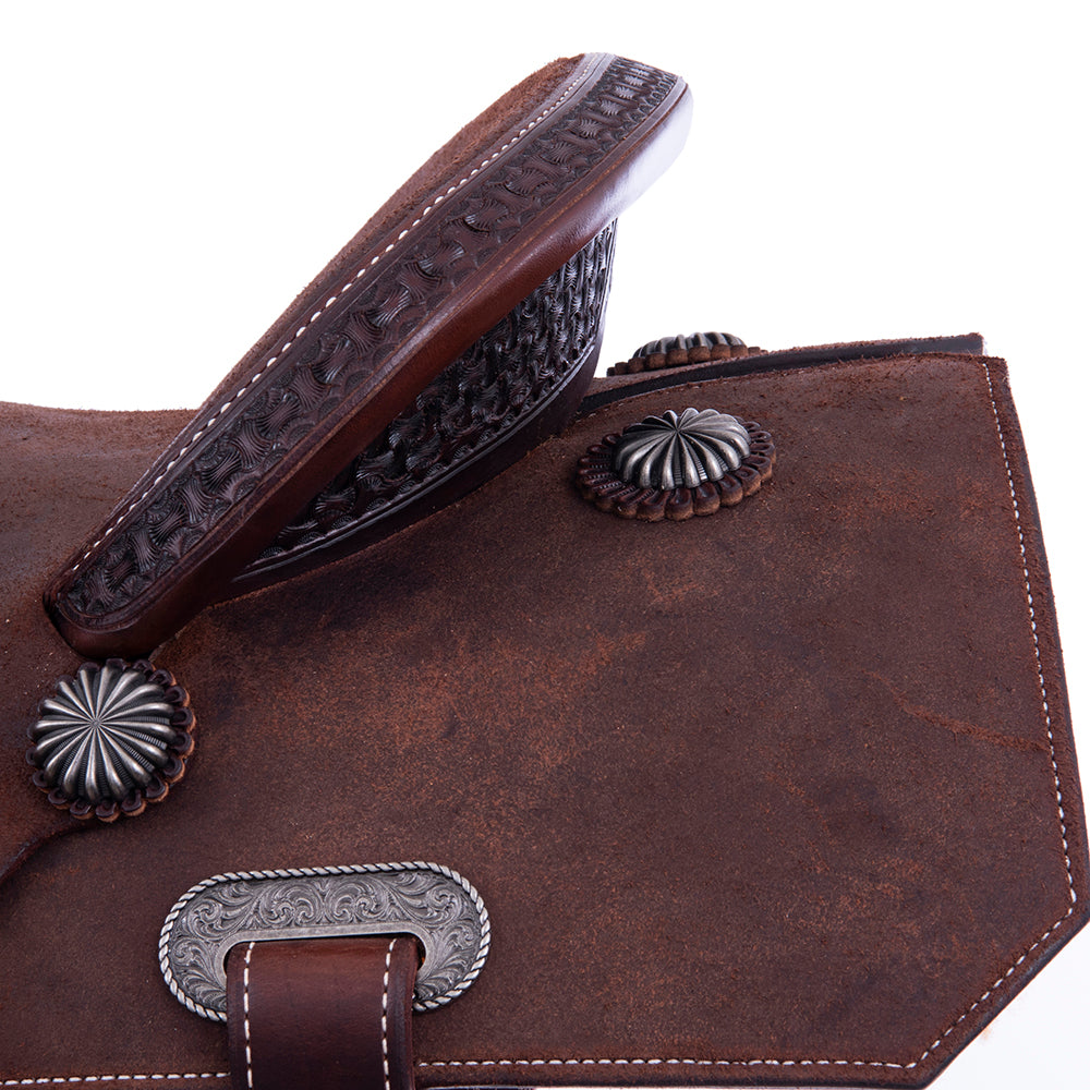 1/8 Smooth Chocolate 7/8 Roughout Lightweight Versatility Saddle- Notched Skirts, 1/8 Axe Tooling, Cheyenne Roll, Hard Seat
