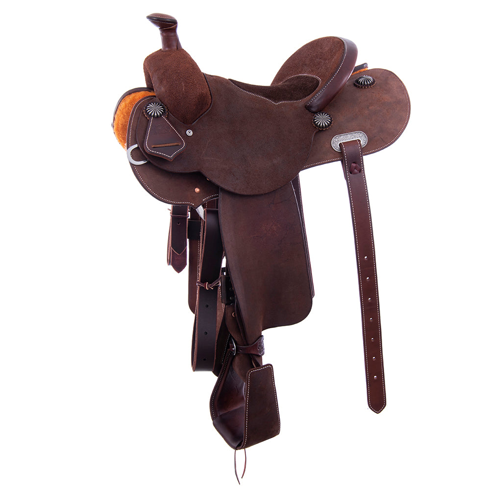 Chocolate Roughout Lightweight Versatility Saddle- Round Skirts, Cheyenne Roll, Chocolate Suede Inlay