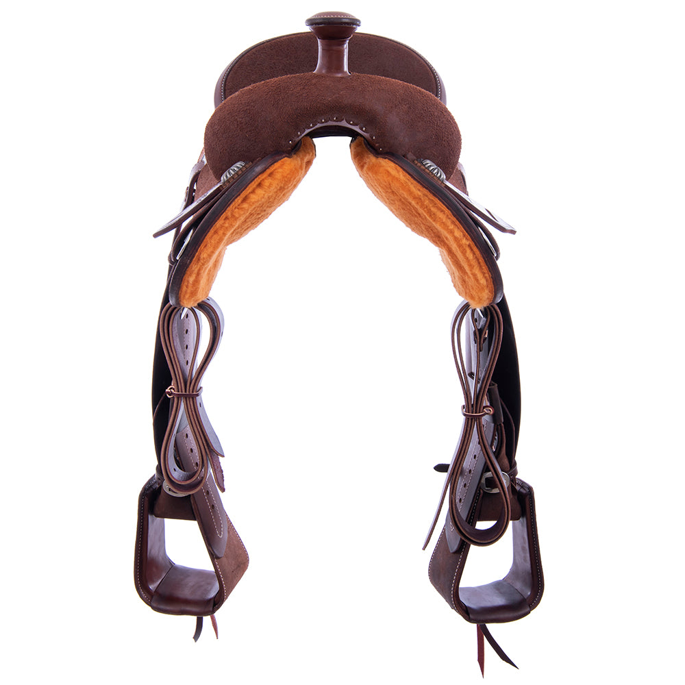Chocolate Roughout Lightweight Versatility Saddle- Round Skirts, Cheyenne Roll, Chocolate Suede Inlay