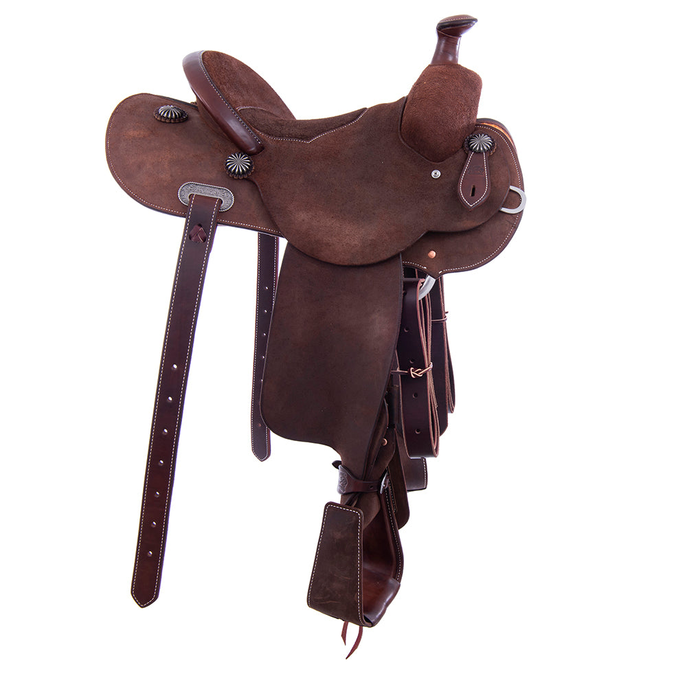 Chocolate Roughout Lightweight Versatility Saddle- Round Skirts, Cheyenne Roll, Chocolate Suede Inlay