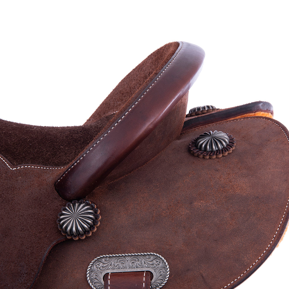 Chocolate Roughout Lightweight Versatility Saddle- Round Skirts, Cheyenne Roll, Chocolate Suede Inlay