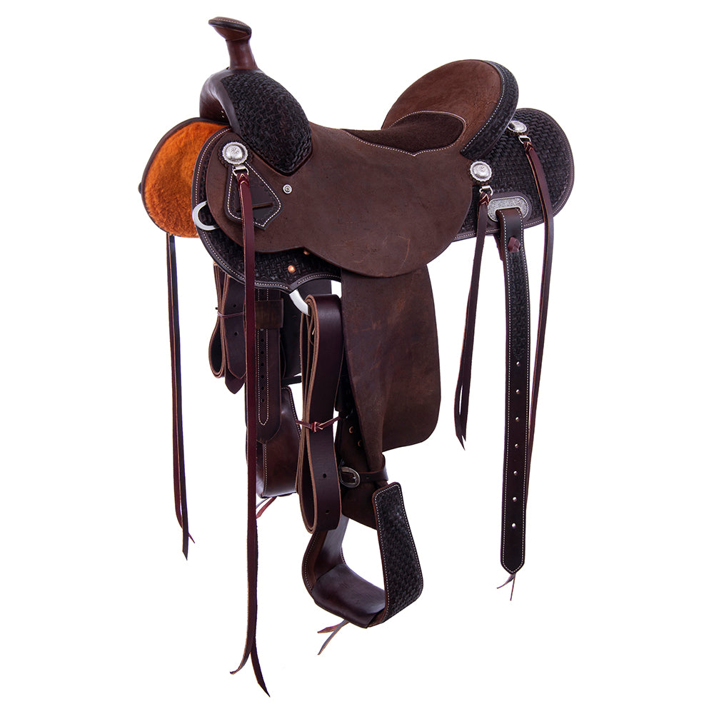 1/2 Smooth 1/2 Roughout Chocolate Lightweight Versatility Saddle- Round Skirts, 1/2 Axe, Cheyenne, Chocolate Suede Inlay