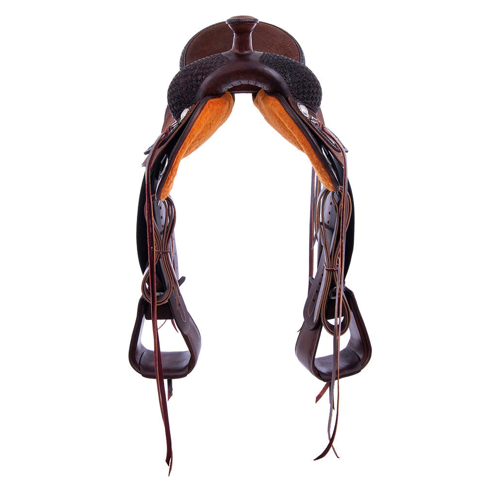 1/2 Smooth 1/2 Roughout Chocolate Lightweight Versatility Saddle- Round Skirts, 1/2 Axe, Cheyenne, Chocolate Suede Inlay