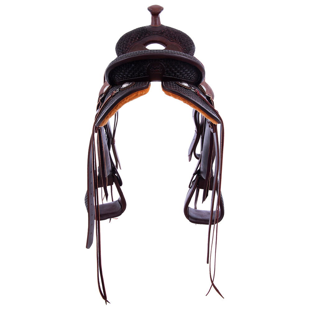 1/2 Smooth 1/2 Roughout Chocolate Lightweight Versatility Saddle- Round Skirts, 1/2 Axe, Cheyenne, Chocolate Suede Inlay