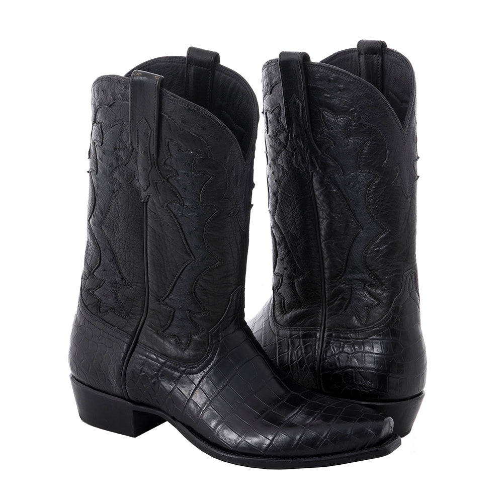 Men's Matte Black American Alligator Cowboy Boot GP Inlay