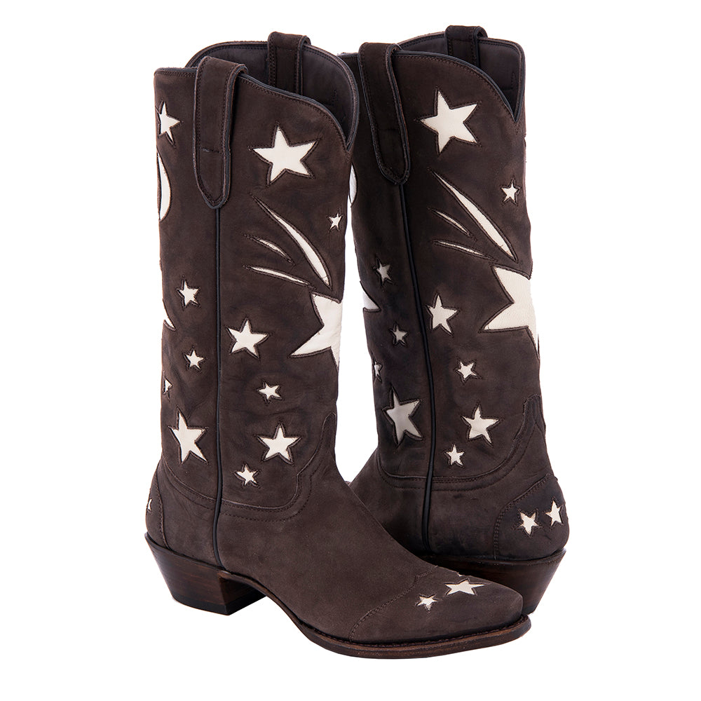 Ladies 13" Chocolate Nubuck Stars Inlay Cowboy Boot