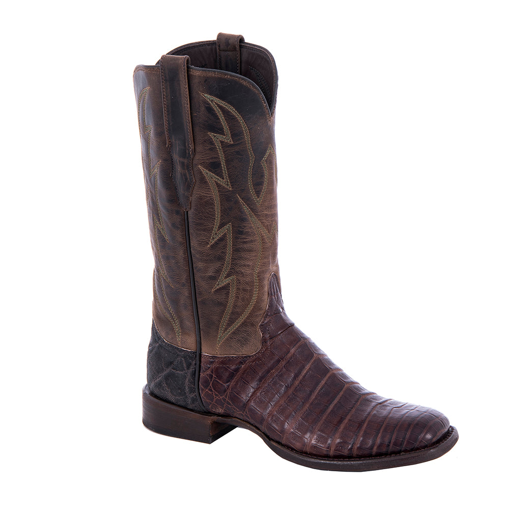 Ladies Cowboy 12" Dark Brown Oily Caiman Belly Tobac Goat Top Crown Stitch