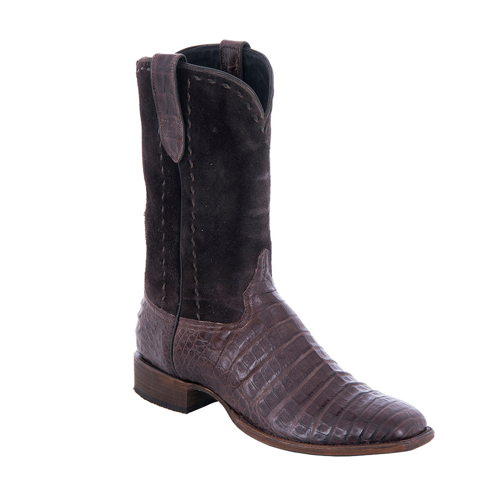 Men's Cowboy 12" Chocolate Caiman Belly Chocolate RO Full Buckstitch