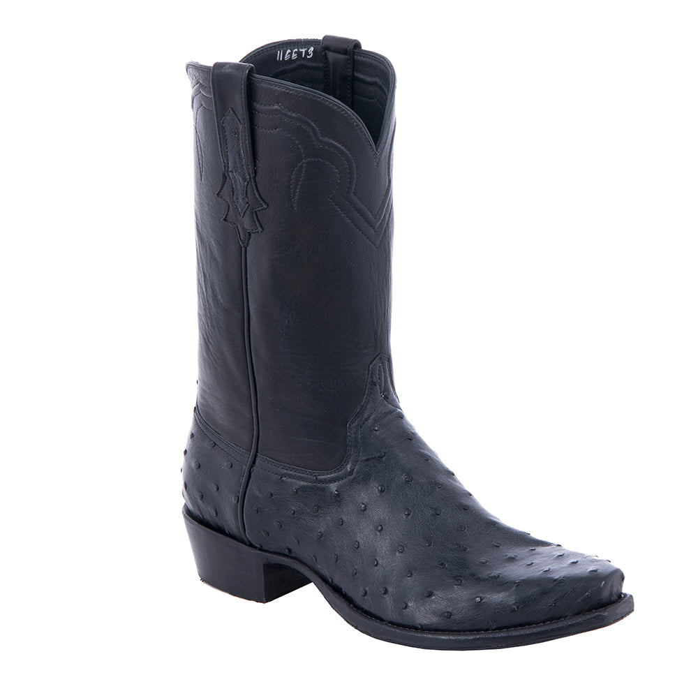 Men's 12" Cowboy Black Full Quill Ostrich Black Aniline Top Corded