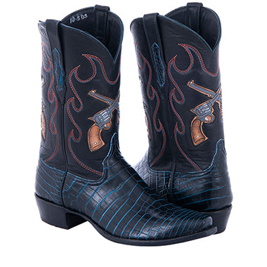 Men's Cowboy 12-2.5 Two Tone Navy Nile - Black Aniline w/ Tooled Inlay Cross Pistol Stitch Pattern