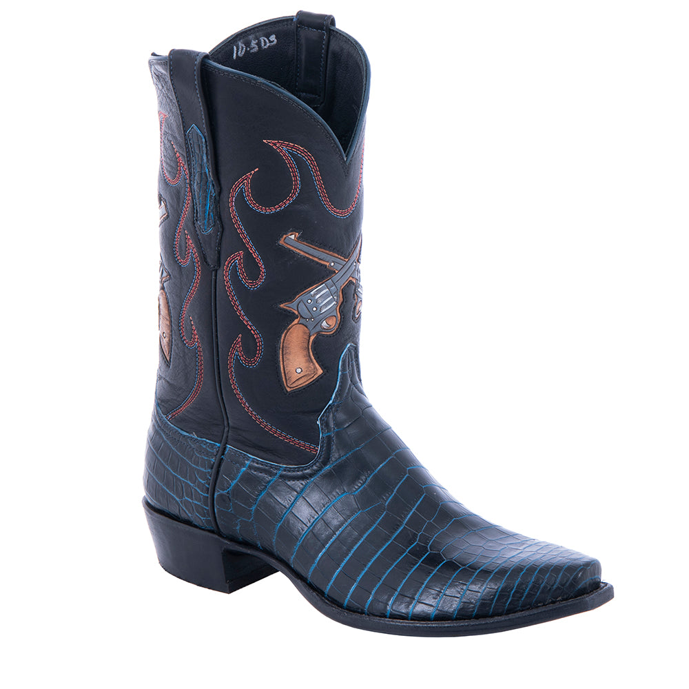 Men's Cowboy 12-2.5 Two Tone Navy Nile - Black Aniline w/ Tooled Inlay Cross Pistol Stitch Pattern