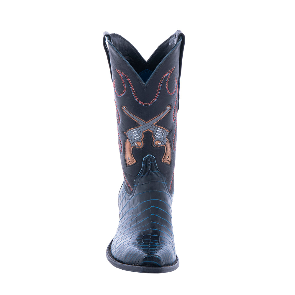 Men's Cowboy 12-2.5 Two Tone Navy Nile - Black Aniline w/ Tooled Inlay Cross Pistol Stitch Pattern