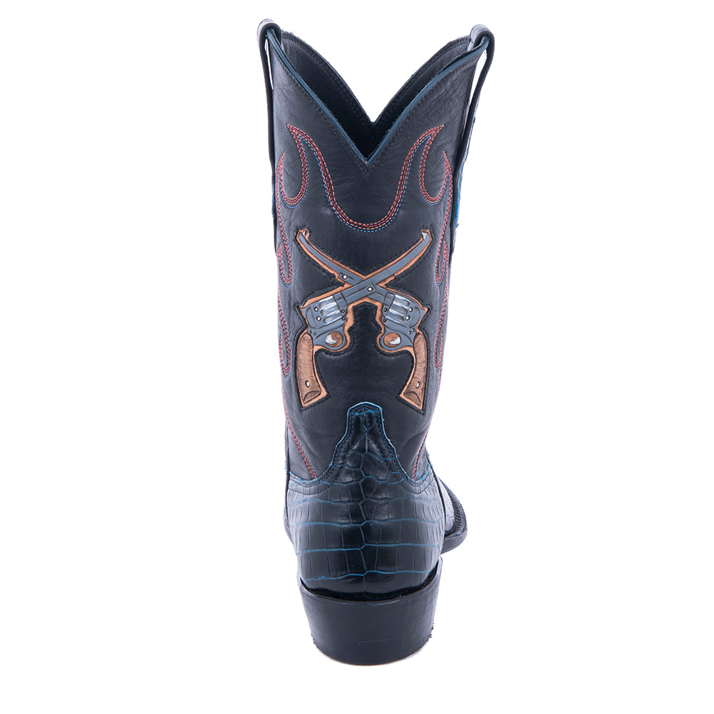 Men's Cowboy 12-2.5 Two Tone Navy Nile - Black Aniline w/ Tooled Inlay Cross Pistol Stitch Pattern