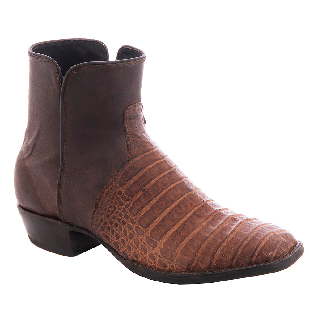 Men’s Cigar Caiman Crocodile & Tobac Goat Short Zip Boots with Mini Vibram Sole