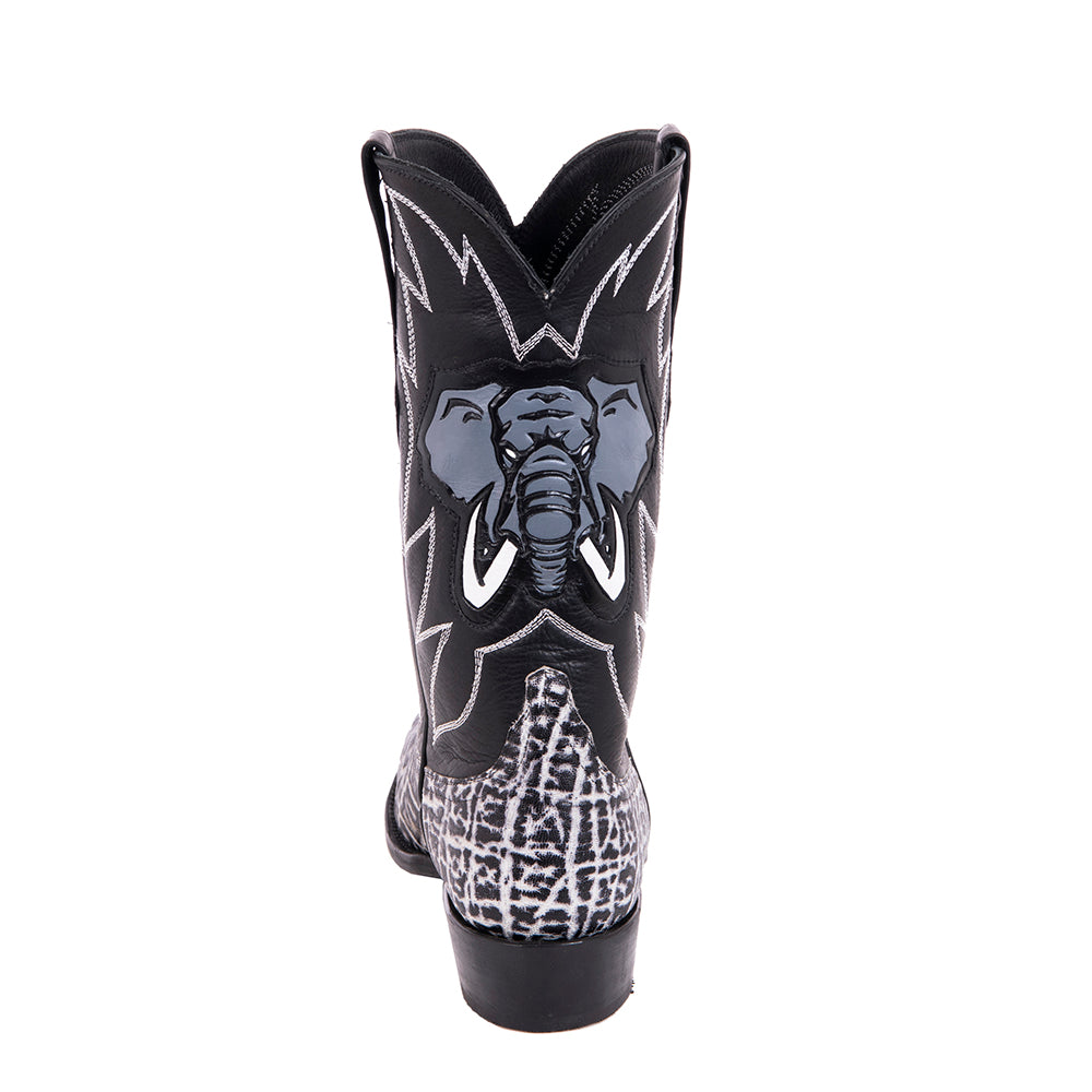 Men's Cowboy 12"Vintage Black/White Elephant/Black Aniline w/Toolded Inlay
