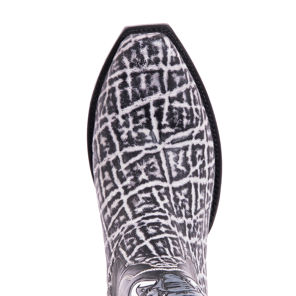 Men's Cowboy 12"Vintage Black/White Elephant/Black Aniline w/Toolded Inlay