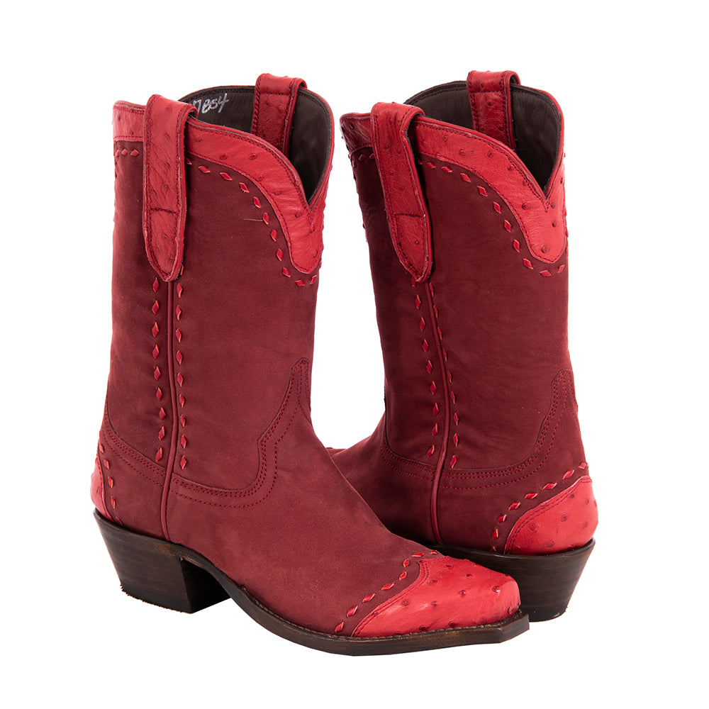 Ladies Cowboy 10-2 Dark Cherry Nubuck Red Buckstitch Red FQ Ostrich WT,HF,Collar