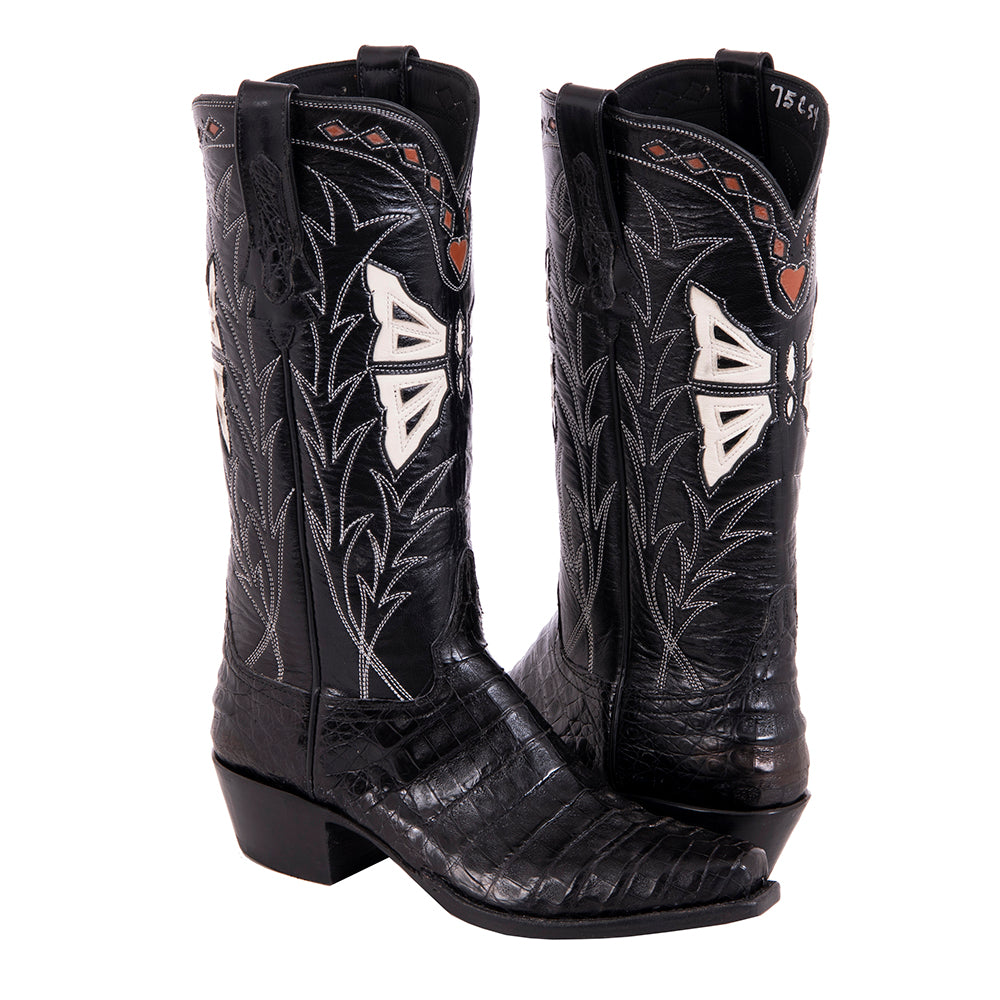 Ladies Cowboy 13-2.5 Black Caiman/Black Calf Custom Inlay